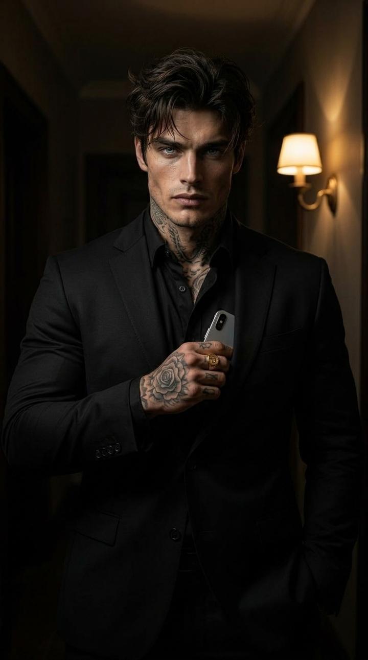 AI-generated image of a fictional man in a black suit in a dim hallway, a phone in his tattooed hand